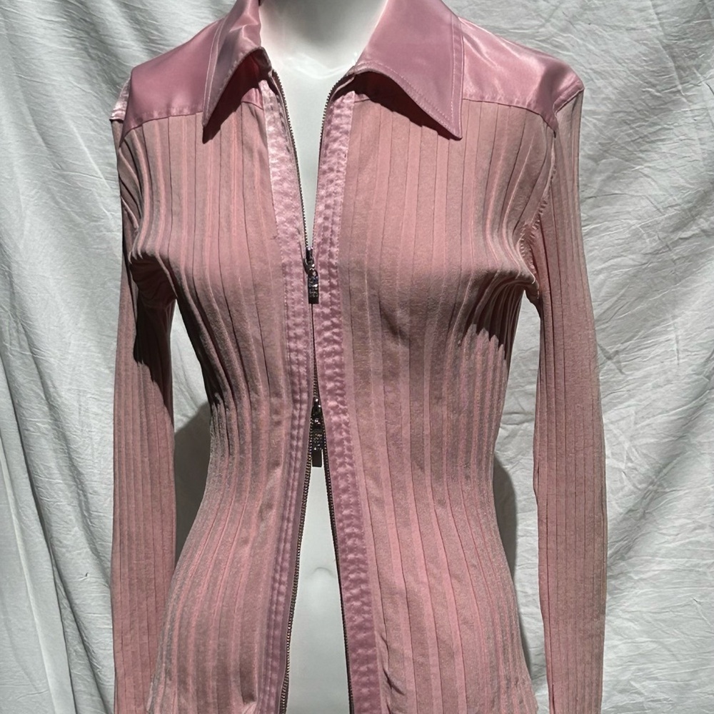 Cache Long Sleeve Silk Pink Ribbed Double Zip Shirt - Picture 2 of 12